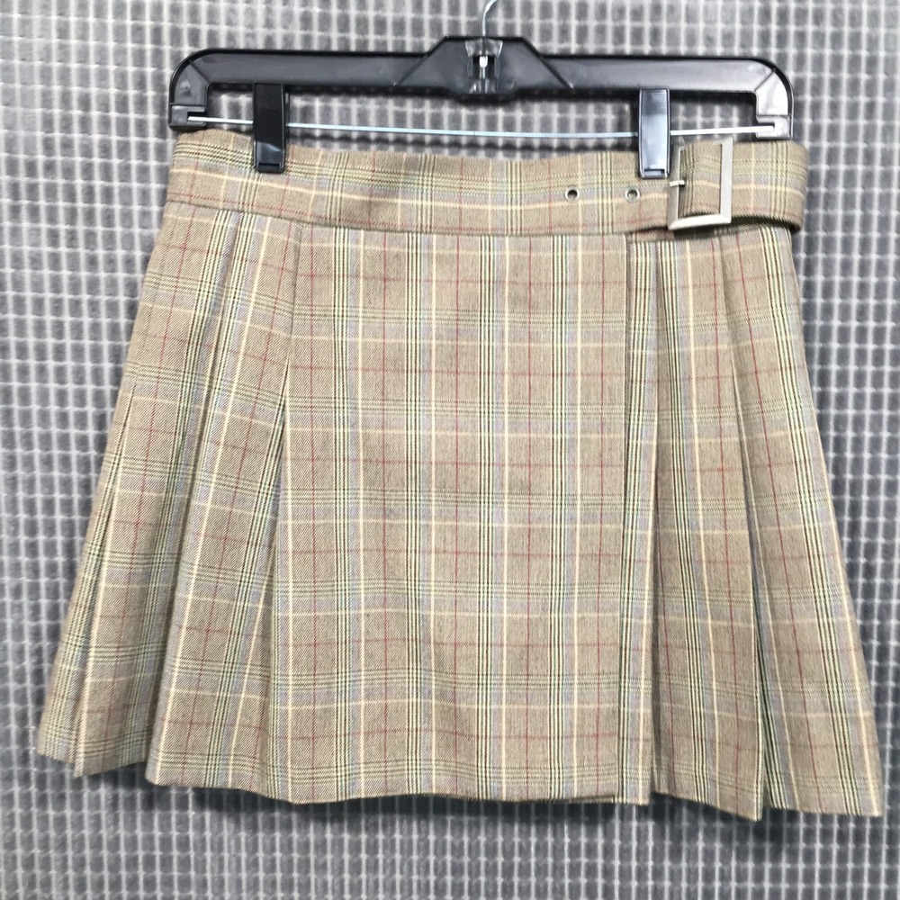 ASOS DESIGN Brown Plaid Pleated Mini Skirt Side Buckle Glen Check‎ Womens Size 4